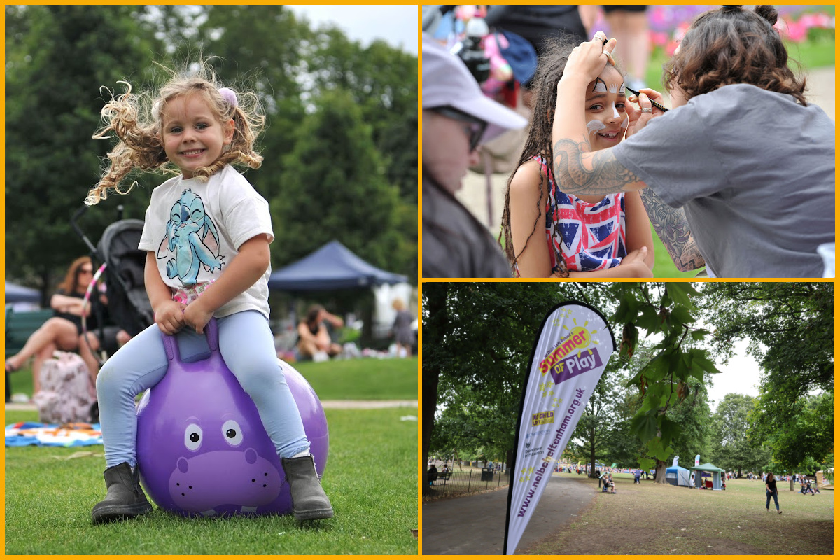 Collage of images of children playing outside, face painting and Summer of Play sign.